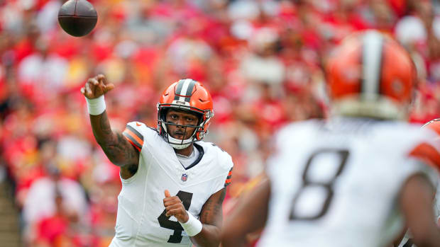 Aug 26, 2023; Kansas City, Missouri, USA; Cleveland Browns quarterback Deshaun Watson (4) throws a pass to wide receiver Elijah Moore (8) against the Kansas City Chiefs during the first half at GEHA Field at Arrowhead Stadium. Mandatory Credit: Jay Biggerstaff-USA TODAY Sports